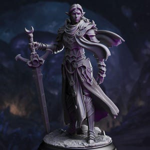 May include: A detailed figurine of a fantasy character, clad in ornate armor and holding a large sword with a crescent moon design. The figure has pointed ears and a flowing cape, with a dark, moody color palette.