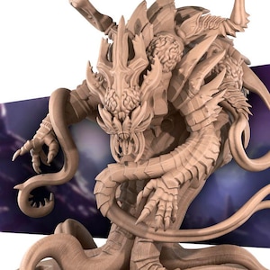 May include: A detailed, beige-colored, 3D printed miniature of a monstrous creature with multiple tentacles and a sharp, toothy mouth. The creature has a textured, organic appearance, resembling a combination of a dragon and a cephalopod.