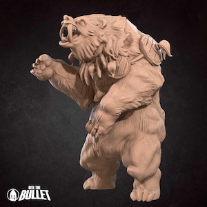 May include: A detailed, light brown bear figurine with an open mouth, showing teeth. The bear has a fur-like texture and is wearing two small shield-like accessories. The figurine is standing upright with one paw raised. The logo "BITE THE BULLET" is at the bottom.