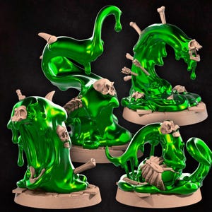 May include: A collection of five glossy, green, fantasy miniatures. Each figure features a stylized, amorphous form with a skull and bone elements. Some have arrows or other details. The bases are a light tan color.