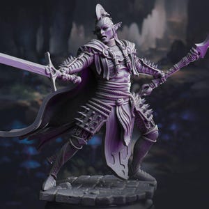May include: A detailed figurine of a fantasy warrior in a dynamic pose, holding a sword and a spear. The figure is clad in ornate armor with spiked accents and a flowing cape. The color palette is primarily shades of gray and purple.