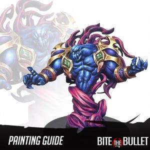 May include: A blue fantasy figure with gold armor and purple hair, from a painting guide. The figure has a muscular physique and is posed with open hands. The text "PAINTING GUIDE" and "BITE THE BULLET" are visible.