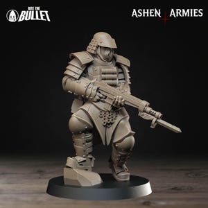 May include: A detailed, gray miniature figure of a soldier in armor, holding a rifle with a bayonet. The figure is on a black base. The text "Bite the Bullet" and "Ashen Armies" are visible.