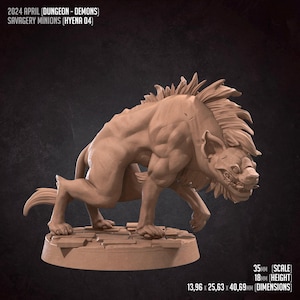 May include: A tan hyena figurine in a crouching pose, with detailed musculature and a textured mane. The base is a stone-like platform. Text on the image reads "2024 APRIL (DUNGEON - DEMONS) SAVAGERY MINIONS (HYENA 04)". Dimensions are 13.96 x 25.63 x 40.69mm.