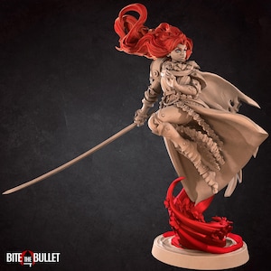 May include: A detailed figurine of a female warrior with flowing red hair and a sword. She is wearing armor and a cape. The figurine is mounted on a red, stylized base. The text "BITE THE BULLET" is at the bottom.