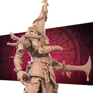May include: A detailed, hand-painted miniature figure of a hooded figure with chains and a weapon. The figure is painted in a light brown color and has a menacing expression.