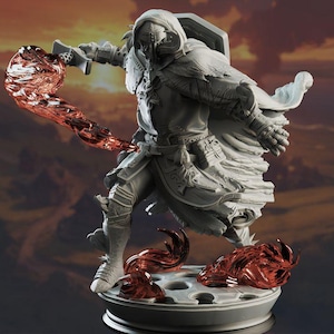 May include: A detailed, gray, sculpted figure of a knight wearing a hooded cloak and holding a sword. The knight is standing on a circular base with red flames sculpted around it.