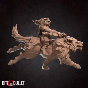 May include: A detailed sculpture of a goblin riding a wolf-like creature. The goblin is holding a weapon and has a mischievous grin. The wolf has red eyes and a fierce expression. The sculpture is in a neutral color and has a textured appearance.