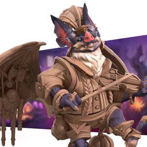 May include: A detailed illustration of a bat-like creature playing a wooden violin. The creature is dressed in brown armor with blue hands and feet. It has a pink nose, large ears, and a white beard. A wooden structure with a bat wing and a skeleton is on the left.