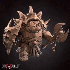 May include: A detailed, tan-colored figurine of a fantasy warrior, clad in armor with spiked shoulder pads and a helmet. The warrior holds a large axe and has a stern expression. The text "BITE THE BULLET" is at the bottom.
