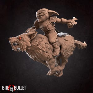 May include: A detailed sculpture of a goblin riding a snarling wolf. The goblin is clad in armor and holds a weapon. The wolf has red eyes and a fierce expression. The sculpture is in shades of brown and tan.