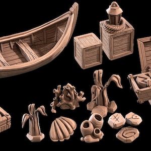 May include: A collection of brown miniature gaming terrain pieces including a wooden boat, crates, a lantern, an open chest, coral formations, shells, and stone-like objects. These detailed items feature wood grain textures and organic shapes.