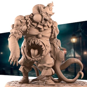 May include: A grotesque, fleshy, clown-like creature with a gaping maw and a tentacle-like appendage. The creature is sculpted in a light brown color and appears to be made of clay.