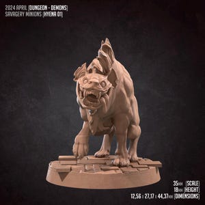 May include: A detailed, light brown figurine of a hyena-like creature with a menacing grin and sharp teeth. The figurine is on a stone-like base. Text on the image reads "2024 APRIL (DUNGEON - DEMONS) SAVAGERY MINIONS (HYENA 01)". Dimensions are 1.75 x 1.07 x 1.75 inches.