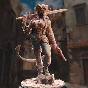 May include: A detailed miniature figurine of a female character with horns, a sword, and a pistol. She is wearing a leather jacket, a corset, and pants. The figurine is painted in a brown and tan color scheme and is standing on a base with a treasure chest.