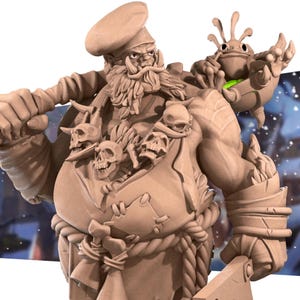 May include: A detailed, tan-colored figurine of a burly character with a chef's hat, a long beard, and a skull-adorned apron. A crab-like creature perches on his shoulder. The figure holds a cleaver, suggesting a fantasy or gaming theme.