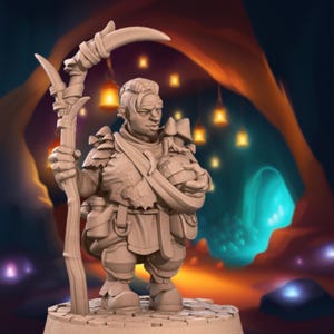 May include: A miniature figurine of a fantasy character, a dwarf, holding a staff and a small pouch. The dwarf is wearing armor and a cloak. The figurine is painted in a light brown color and is set against a background of a cave with glowing lights.