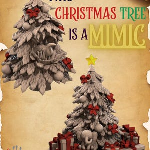 May include: A whimsical Christmas tree design with a star topper, red bows, and ornaments. The text reads "This Christmas Tree Is A Mimic". Presents and a toy train are at the base of the tree.