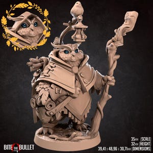 May include: A detailed figurine of an owl-like character with blue eyes, wearing a cloak and holding a staff. A small bird perches on a lantern. The figurine is approximately 1.26 inches tall and has dimensions of 1.55 x 1.93 x 1.21 inches. The text "BITE THE BULLET" is at the bottom.