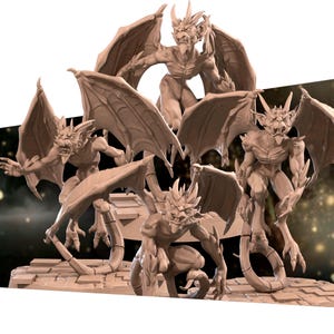 May include: A collection of detailed, beige-colored gargoyle figurines. Each figure has bat-like wings, horns, and a menacing expression. Some are standing, others are crouching, and all are posed on a stone-like base.