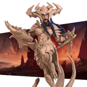 May include: A detailed figurine of a female warrior in beige armor with a horned helmet and blue braided hair. The figure has a stern expression and is posed with outstretched arms, showcasing intricate armor design. The background depicts a reddish landscape.