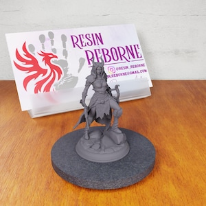 May include: A gray, detailed miniature figurine of a female warrior with horns, holding a sword and a bow. The figurine is standing on a round base. The background includes a business card with the text "RESIN REBORNE" and a red phoenix logo.