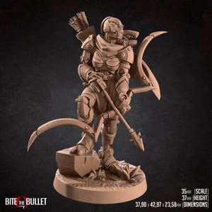 May include: A detailed, tan-colored figurine of a futuristic warrior archer, holding a spear and bow. The figure is posed on a rocky base. The dimensions are 14.92 x 16.92 x 9.28 inches. The text "BITE THE BULLET" is visible.