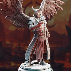 May include: A detailed miniature figurine of a winged demon with horns, holding a small orb in its hand. The demon is wearing a long robe with intricate details and a belt with a buckle. The figurine is painted in a light gray color and is standing on a round base.