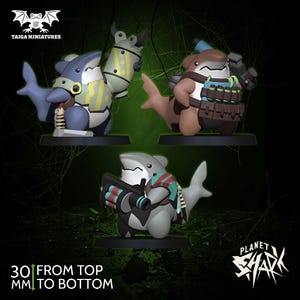May include: Three anthropomorphic shark figurines standing on black circular bases. Each shark wears tactical gear and carries equipment. The text Taiga Miniatures and Planet Shark is visible. A label indicates 30 mm from top to bottom.