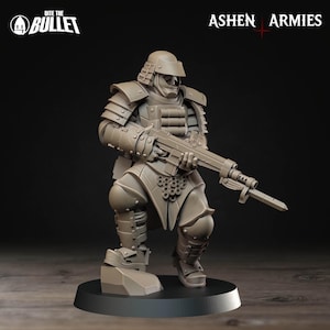 May include: A detailed, gray miniature figure of a futuristic soldier in armor, holding a rifle with a bayonet. The figure is on a black base. The words "Bite the Bullet" and "Ashen Armies" are visible.