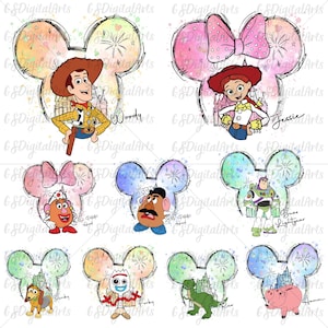 May include: A digital art print featuring nine different Disney characters from the Toy Story franchise. Each character is depicted in a watercolor-style Mickey Mouse ear silhouette with a colorful background. The characters include Woody, Jessie, Mr. Potato Head, Buzz Lightyear, Slinky Dog, Forky, Rex, and Hamm.