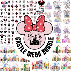 May include: A large digital download bundle of Disney castle themed SVG files. The bundle includes a variety of castle designs, including a classic castle with fireworks, a castle with a Mickey Mouse silhouette, and a castle with a rainbow. The bundle also includes a variety of other Disney-themed designs, such as Mickey Mouse ears, a Mickey Mouse silhouette, and the words "Disney" and "Castle".