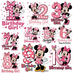 Minnie Mouse Birthday Girl PNG Bundle, 1st to 10th Age Numbers Clipart, Pink Minnie Mouse Sublimation Design for Kids Party, Birthday png