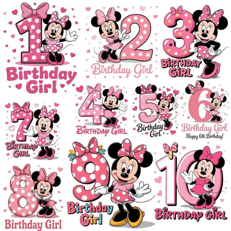 Minnie Mouse Birthday Girl PNG Bundle, 1st to 10th Age Numbers Clipart, Pink Minnie Mouse Sublimation Design for Kids Party, Birthday png