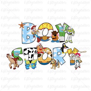 Pu&ograve; includere: Una grafica colorata con la scritta "Toy Story", ogni lettera disegnata con i personaggi del film. Woody, Buzz Lightyear, Mr. Potato e Jessie sono tra i personaggi presenti in questo design.