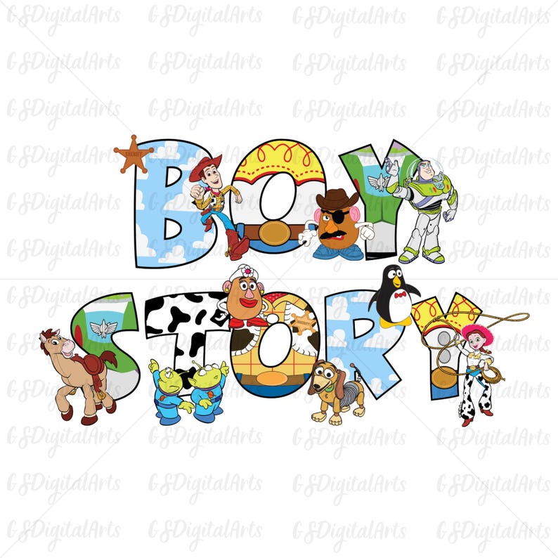 Pu&ograve; includere: Una grafica colorata con la scritta "Toy Story", ogni lettera disegnata con i personaggi del film. Woody, Buzz Lightyear, Mr. Potato e Jessie sono tra i personaggi presenti in questo design.