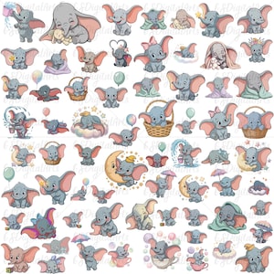 May include: A collection of digital illustrations featuring a baby elephant with large ears in various poses, including sitting, sleeping, holding balloons, sitting in baskets, and interacting with stars, moons, umbrellas, and blankets.