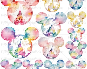 Watercolor Disney Castle Mickey Head PNG Clipart Bundle (Digital Download)