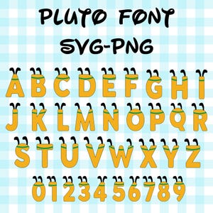 May include: A yellow alphabet font with black outlines and green accents. The letters are in the shape of a cartoon character with two antennas. The font includes the letters A through Z and the numbers 0 through 9. The text "PLUTO FONT SVG-PNG" is at the top of the image.