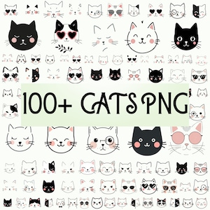 100+ Cute Cat PNG Bundle, Baby Animal Clipart, Cat Face Digital Clip Art, Hand Drawn Cat PNG, Cat Line Art, Kawaii Cat Sublimation, cats png