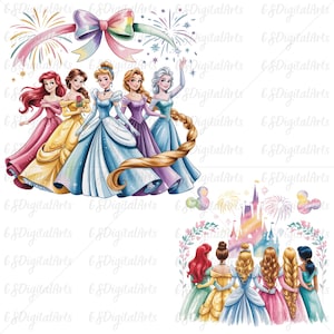 May include: Watercolor illustration featuring five princesses in elegant gowns, with long hair and sparkling details. A large ribbon and fireworks are in the background. The image also includes a second illustration of princesses and a castle.