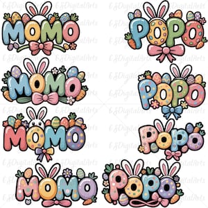 May include: Easter-themed designs with the words "MOMO" and "POPO" in bubble letters. Each design includes bunny ears, Easter eggs, carrots, and bows. The designs are in various pastel colours.