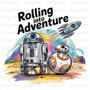 Star Wars PNG, R2D2 en BB8 Star Wars PNG, rollend in avontuur sublimatieontwerp, schattige Galaxy Robot-clipart, Disney Space Digital