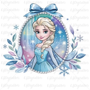 Op de afbeelding: Een aquarel-illustratie van een prinses in een blauwe jurk met een wit lijfje en een blonde vlecht. Ze is omringd door een parel-ingelegd ovaal frame met een blauwe en paarse achtergrond. Het frame is versierd met een blauwe strik en witte sneeuwvlokken.