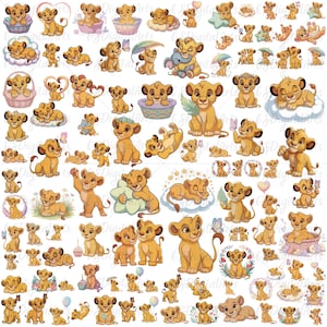 Könnte beinhalten: Eine Sammlung von Zeichentrick-Löwenbaby-Illustrationen in verschiedenen Posen, darunter sitzend, auf Wolken schlafend, mit Schmetterlingen spielend, Blätter haltend und in Körben ruhend, alles in einer einheitlichen goldbraunen Farbpalette.