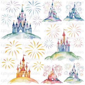 Disney Castle Watercolor PNG Bundle, Magical Fireworks Castle Clipart, Princess Fairytale Castle Sublimation for Kids Birthday Decor