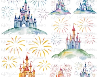 Bundle PNG aquarelle château Disney, clipart feux d'artifice (téléchargement numérique)