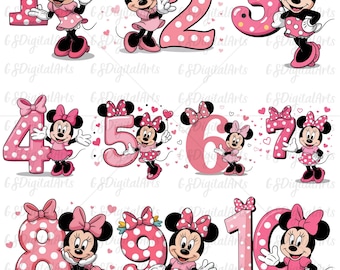 Pink Minnie Mouse Birthday PNG Bundle, Number Clipart (Digital Download)