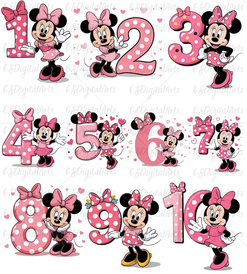 May include: A collection of Minnie Mouse illustrations with numbers 1 through 10. Each number is pink with white polka dots and a bow. Minnie Mouse is wearing a pink dress and bow, with black shoes and gloves.