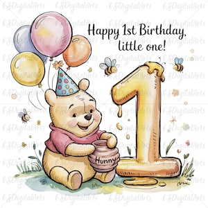 Winnie the Pooh 1st Birthday PNG, Disney Pooh Bear First Birthday Clipart, Baby Pooh Celebration, Cute Disney Birthday Party Art, Pooh png